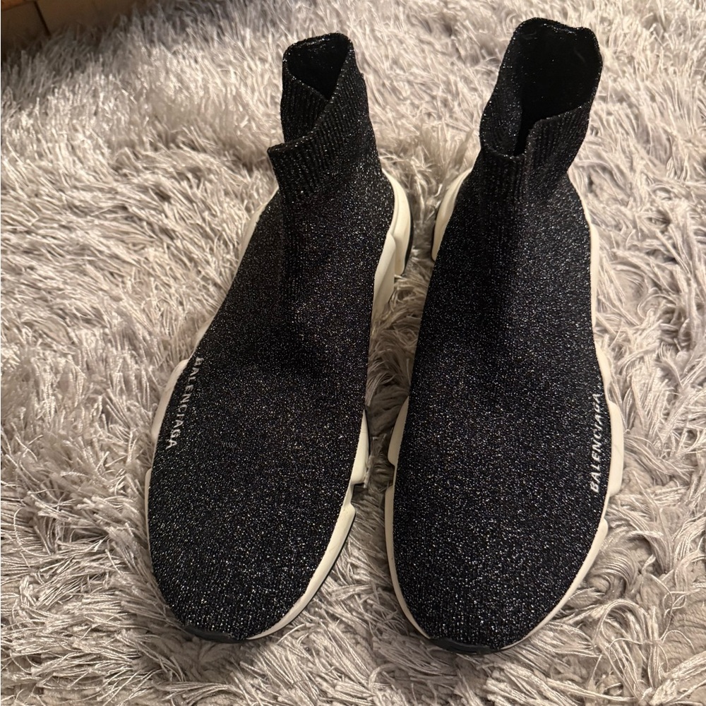Balenciaga Black/Silver Lurex Fabric Speed Trainer Sneakers View 4